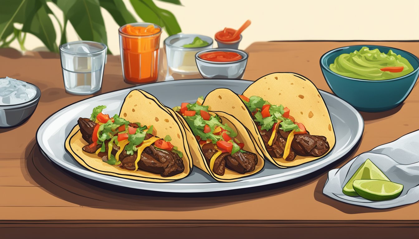 A plate of sizzling tacos with charred tortillas, filled with grilled meat, fresh salsa, and creamy guacamole, alongside a bottle of hot sauce and a canteen of water