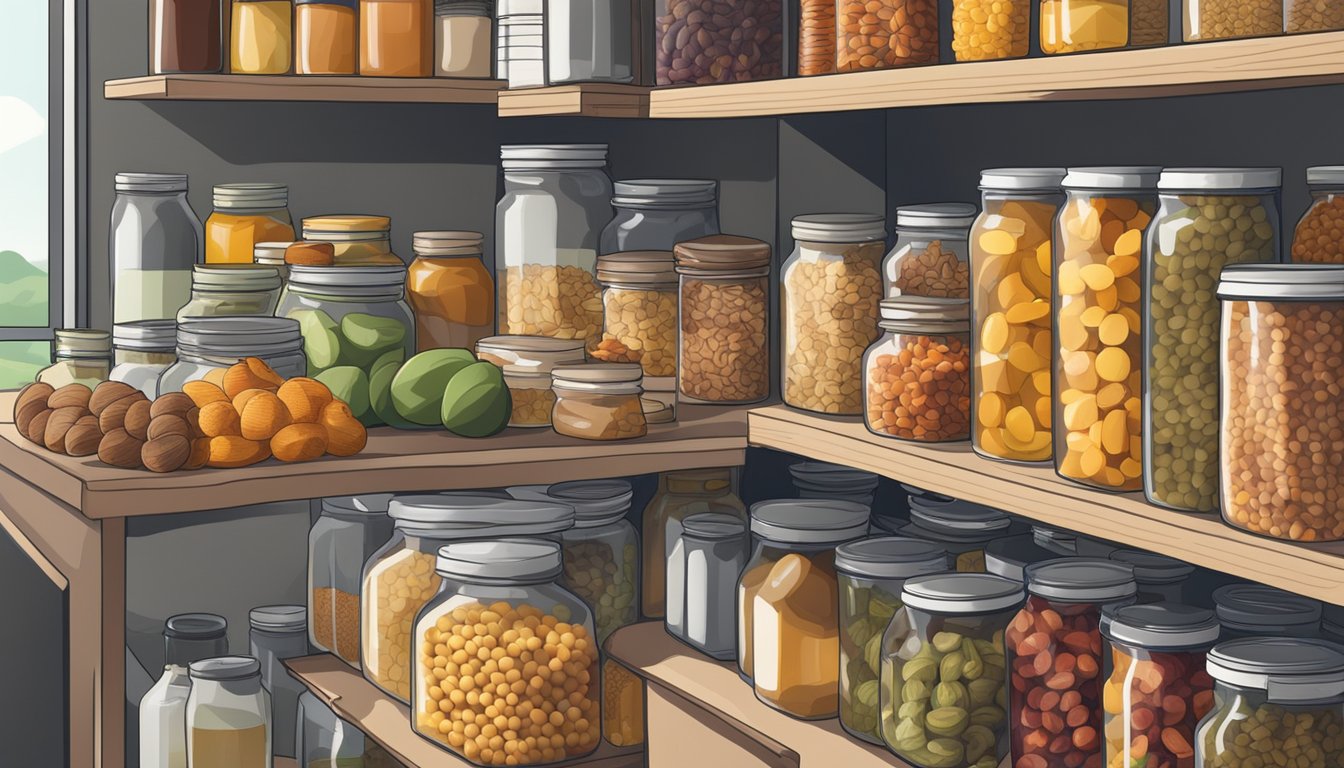 A variety of dried fruits neatly arranged in a pantry with emergency food supplies and stockpile items in the background