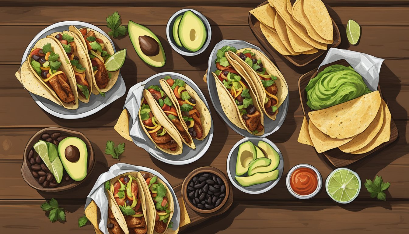 A colorful array of tacos with fresh ingredients, including grilled chicken, avocado, and black beans, laid out on a rustic wooden table