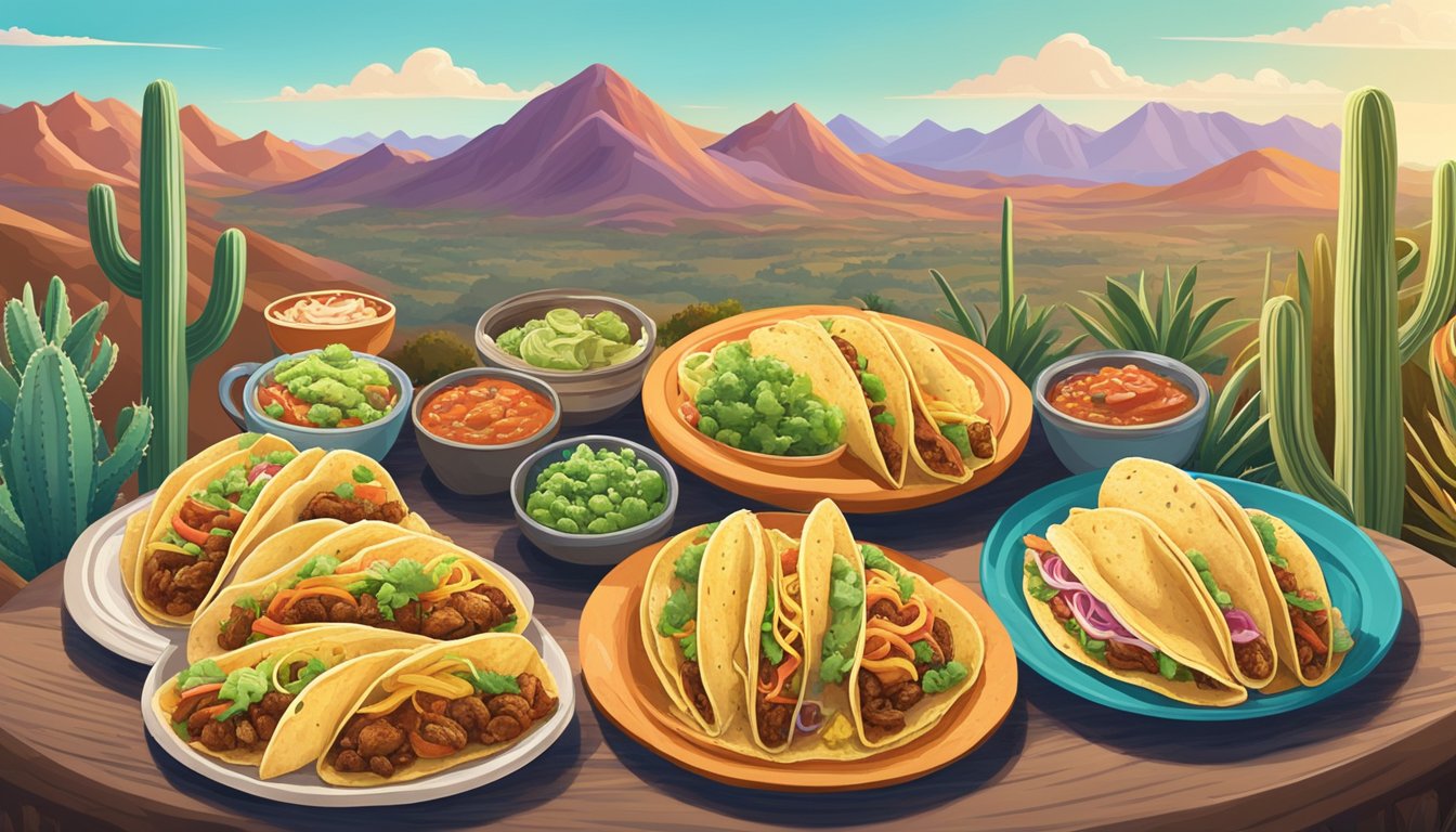 A colorful array of tacos from different regions of Texas, surrounded by hiking gear and a scenic backdrop of rolling hills and cacti