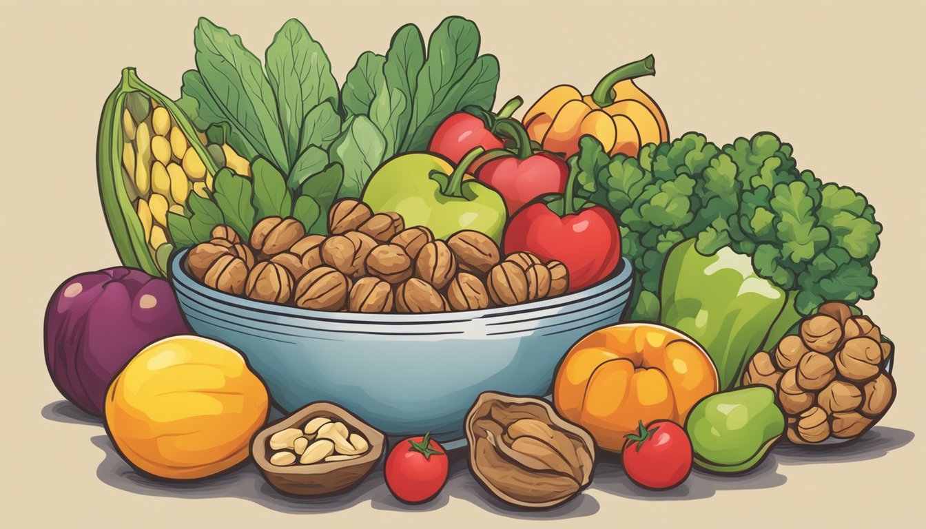 A bowl of walnuts surrounded by various fruits and vegetables, with a focus on the walnuts to convey their role in enhancing sperm quality