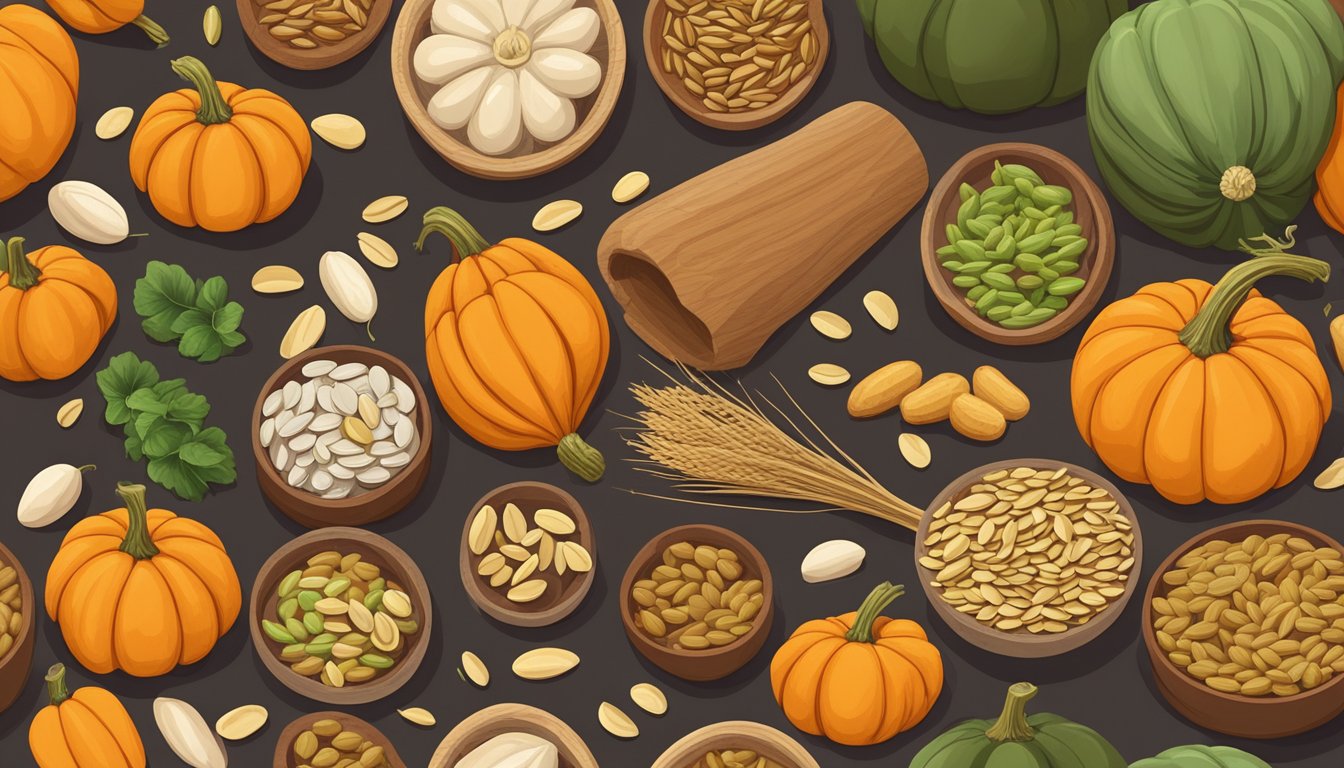 A pile of pumpkin seeds surrounded by various fertility-boosting foods, all arranged on a wooden table