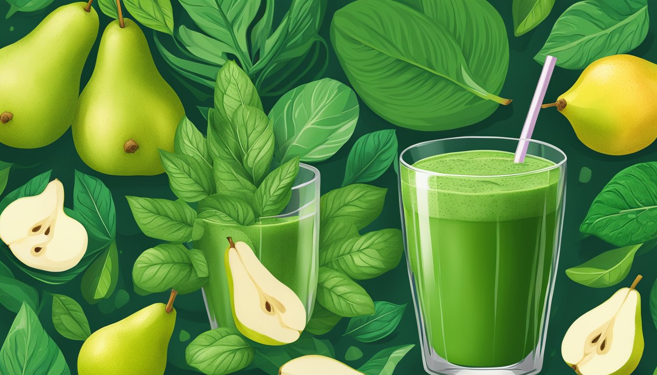 A glass filled with a vibrant green smoothie surrounded by fresh ginger and ripe pears, with a backdrop of lush, leafy greens and digestive-friendly ingredients