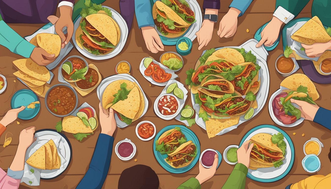 A colorful spread of simple tacos with various fillings, surrounded by happy, diverse group of people enjoying them