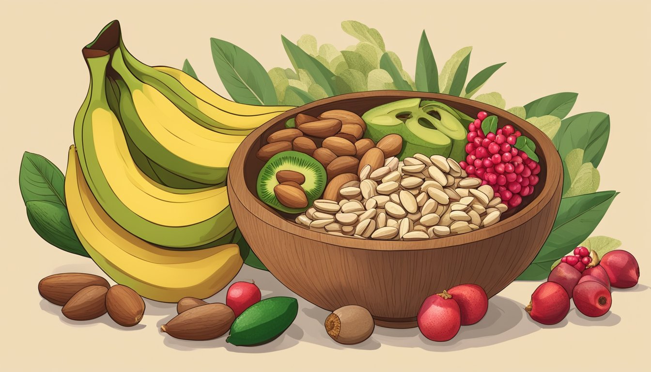 A bowl of Brazil nuts surrounded by other fertility-boosting foods like bananas, avocados, and pomegranates on a wooden table