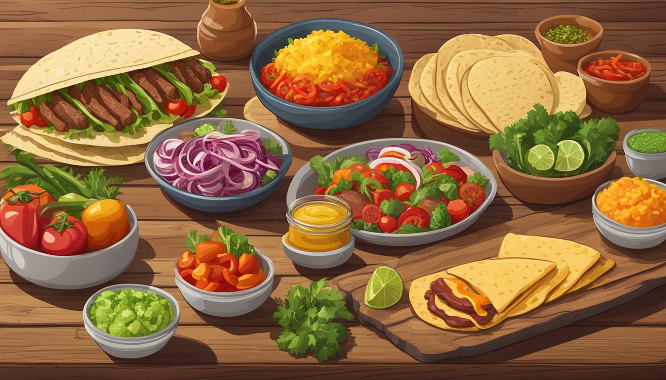 A colorful array of fresh vegetables, sizzling meats, and zesty sauces spread out on a rustic wooden table, ready to be assembled into delicious tacos