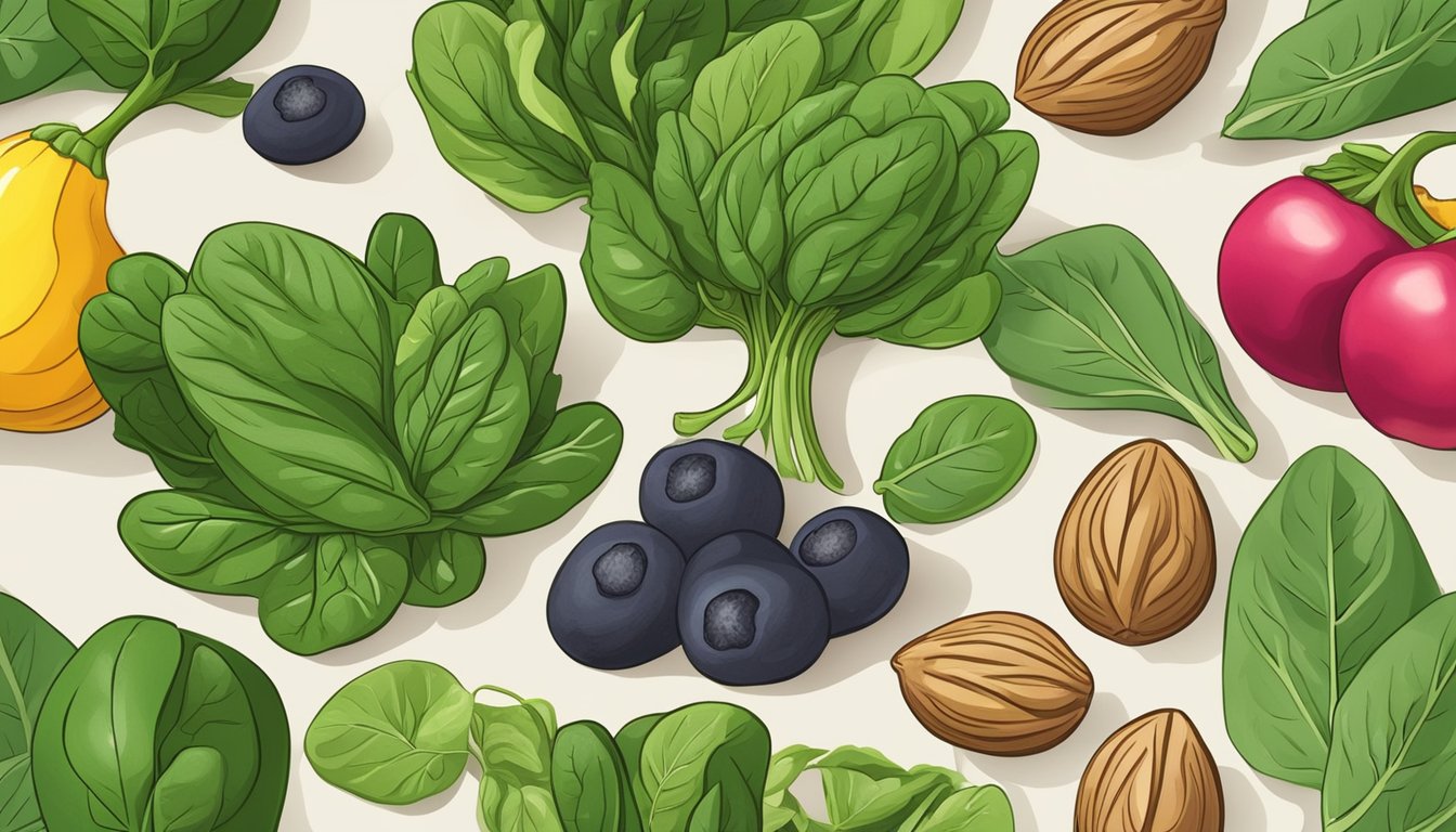 A vibrant bunch of spinach leaves surrounded by other fertility-boosting foods like nuts and fruits, set against a backdrop of natural elements such as soil and sunlight