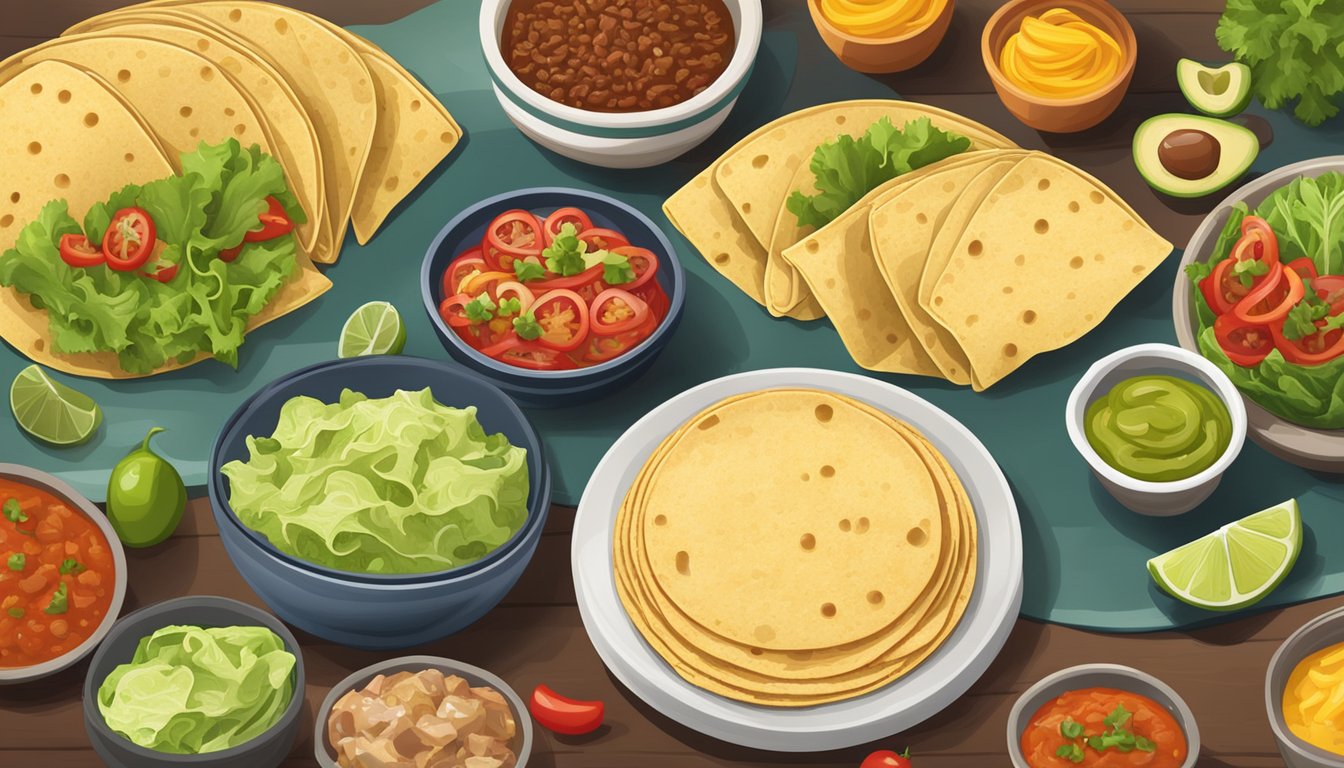 A table set with an array of taco ingredients, including tortillas, seasoned meats, cheese, lettuce, and salsa