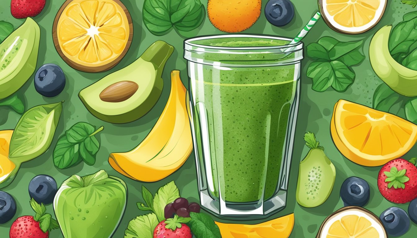 A glass filled with a vibrant green smoothie surrounded by a variety of fresh ingredients such as chia seeds, leafy greens, and fruits