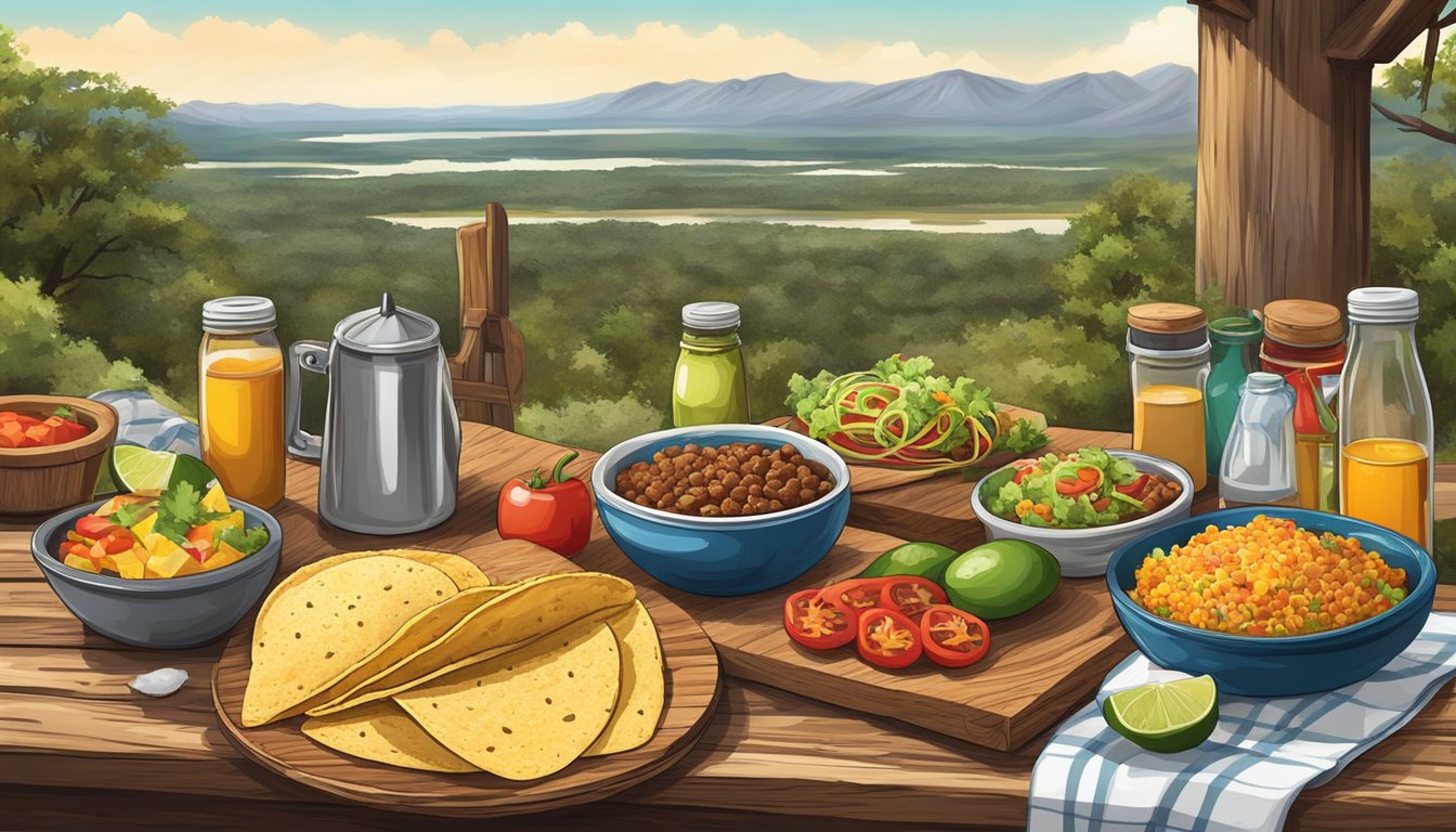 A rustic wooden table set with an assortment of fresh taco ingredients, surrounded by hiking gear and a scenic Texas landscape