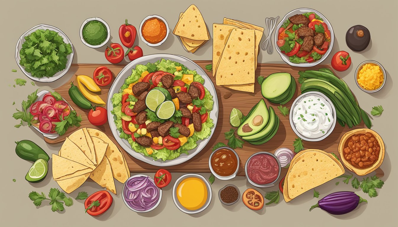 A colorful spread of taco ingredients, including various meats, vegetables, and toppings, laid out on a table ready to be customized