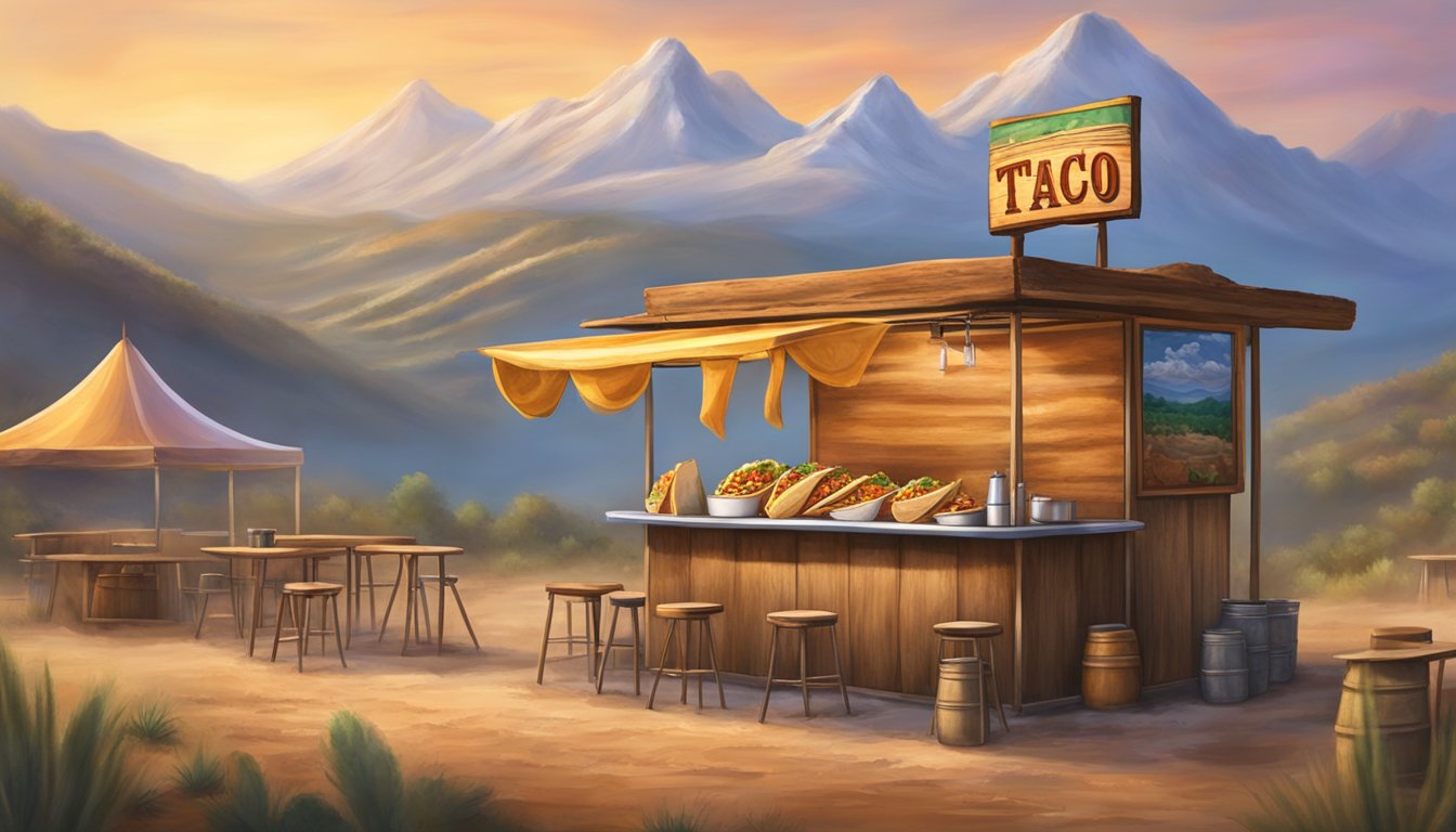 A rustic outdoor taco stand with a view of rugged Texas landscape, serving up steaming hot tacos on colorful plates