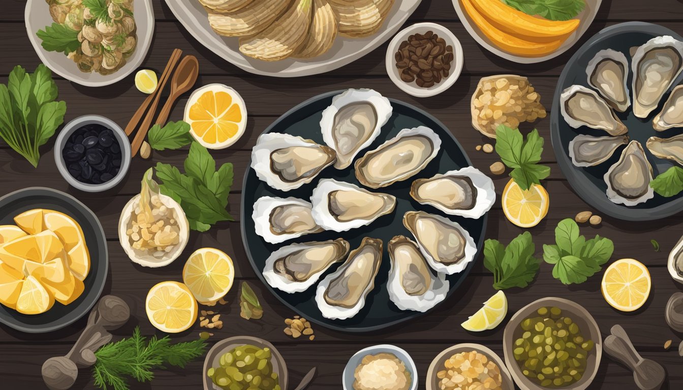 A spread of oysters surrounded by other fertility-boosting foods on a wooden table, with soft lighting and a natural, organic feel