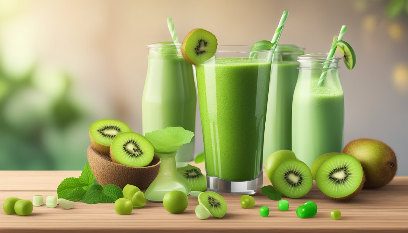 A vibrant green smoothie surrounded by fresh kiwi, lime, and probiotic capsules on a wooden table