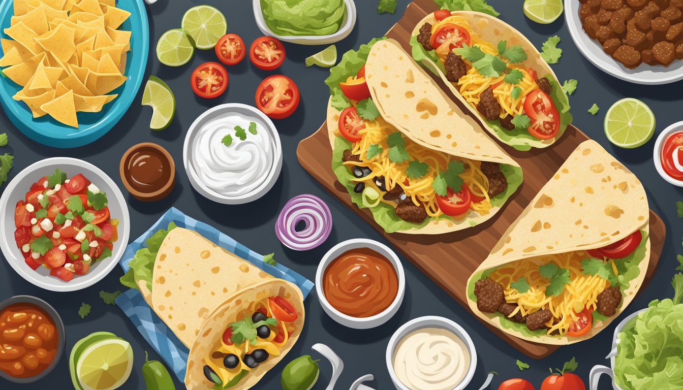 A colorful array of toppings and accompaniments surround a plate of tacos, including options like cheese, lettuce, tomatoes, salsa, and sour cream