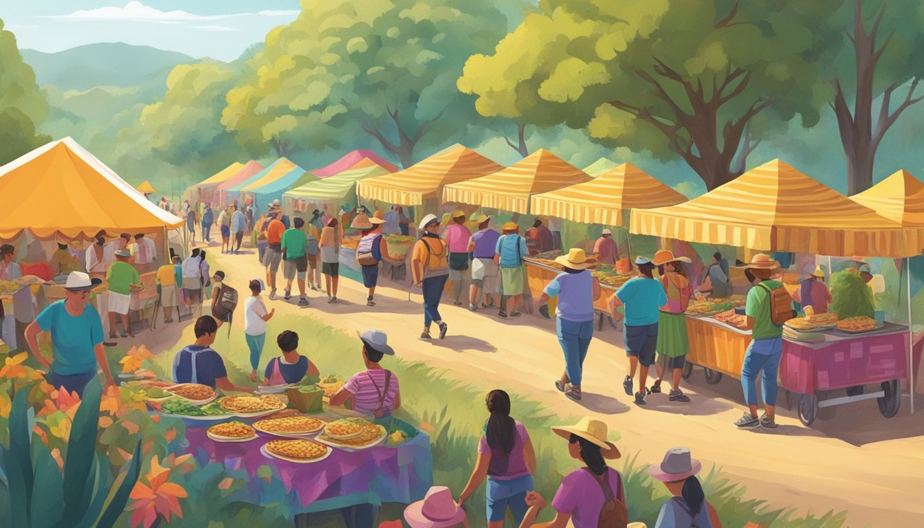 A colorful festival scene with taco vendors lining a trail, hikers enjoying tacos before a Texas hike