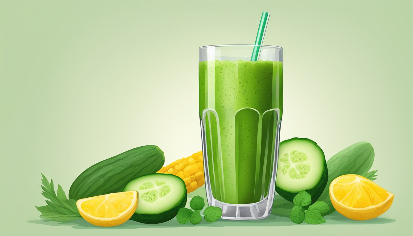 A glass filled with a vibrant green smoothie surrounded by fresh cucumbers and turmeric root