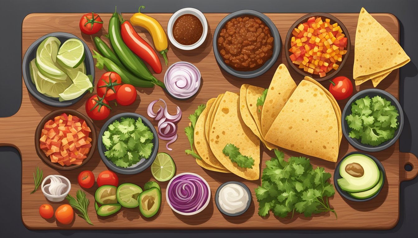 A colorful array of taco ingredients neatly arranged on a wooden cutting board, including seasoned meats, fresh vegetables, and various toppings