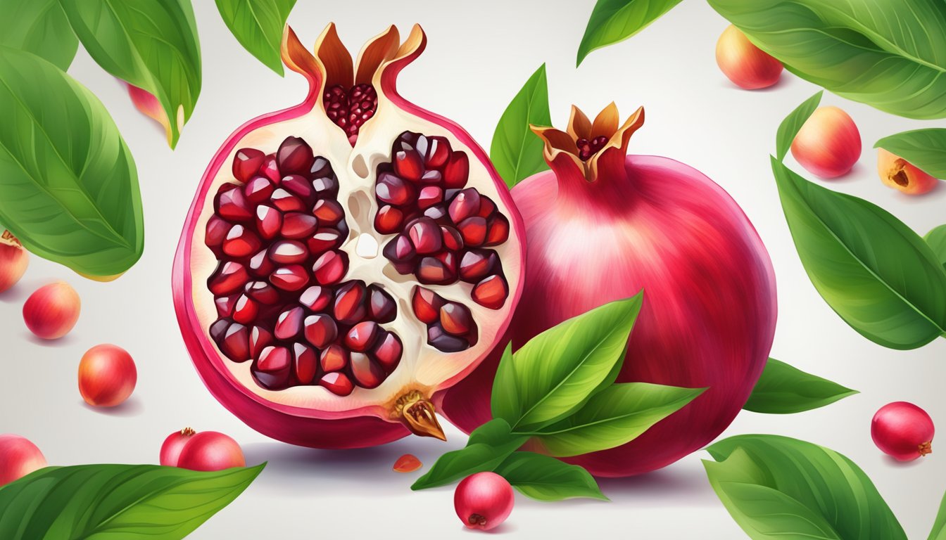 A vibrant pomegranate split open, revealing juicy seeds bursting with color and nutrients, surrounded by lush green leaves and flowers