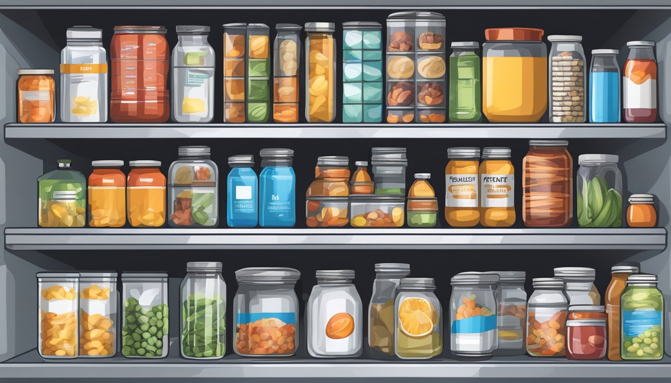 A pantry filled with canned goods, dried fruits, and bottled water. A shelf holds emergency supplies like flashlights and first aid kits