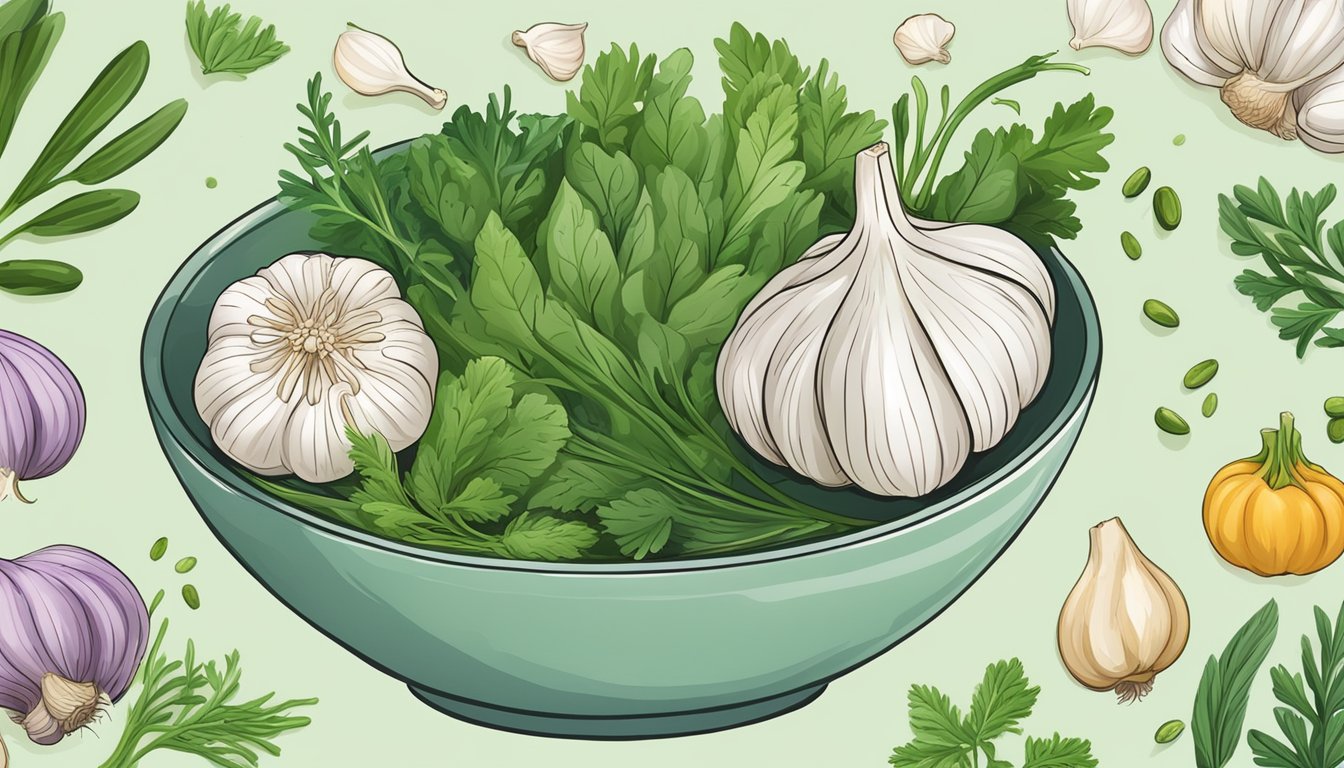 A bowl of fresh garlic bulbs surrounded by vibrant green herbs and other fertility-boosting foods