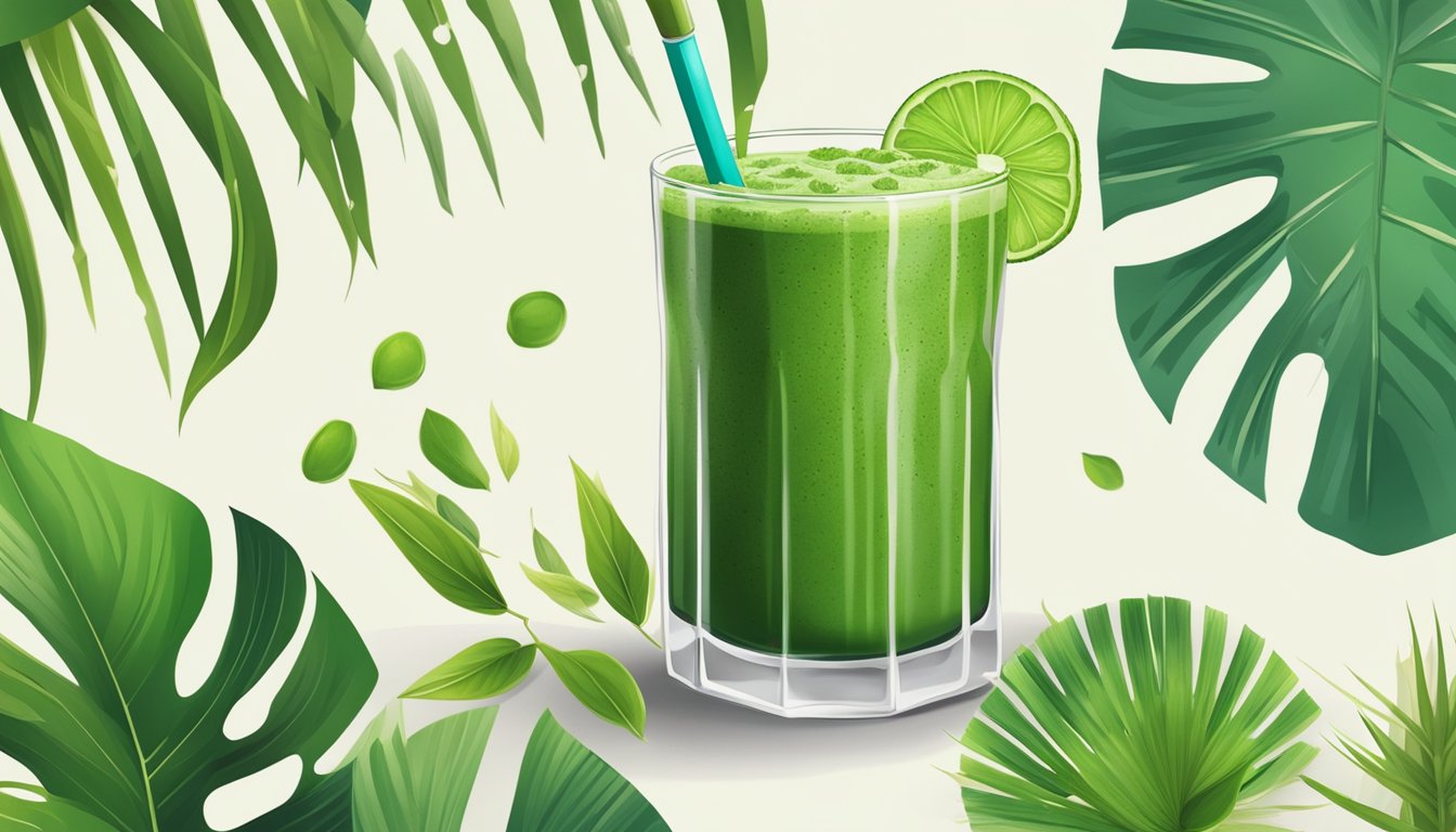 A glass filled with a vibrant green smoothie surrounded by fresh matcha leaves and coconut shavings, with a backdrop of natural elements like bamboo and tropical foliage