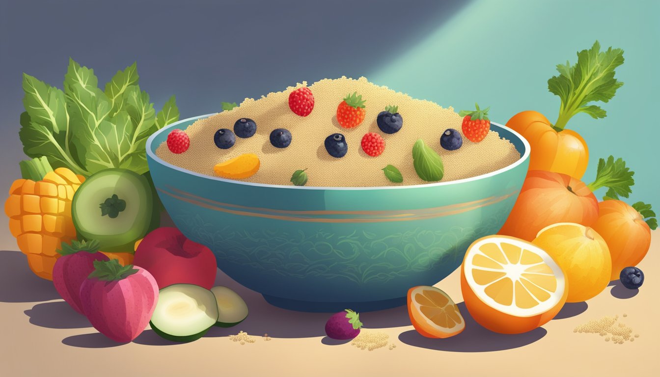 A bowl filled with quinoa, surrounded by colorful fruits and vegetables, with a beam of sunlight shining down on it