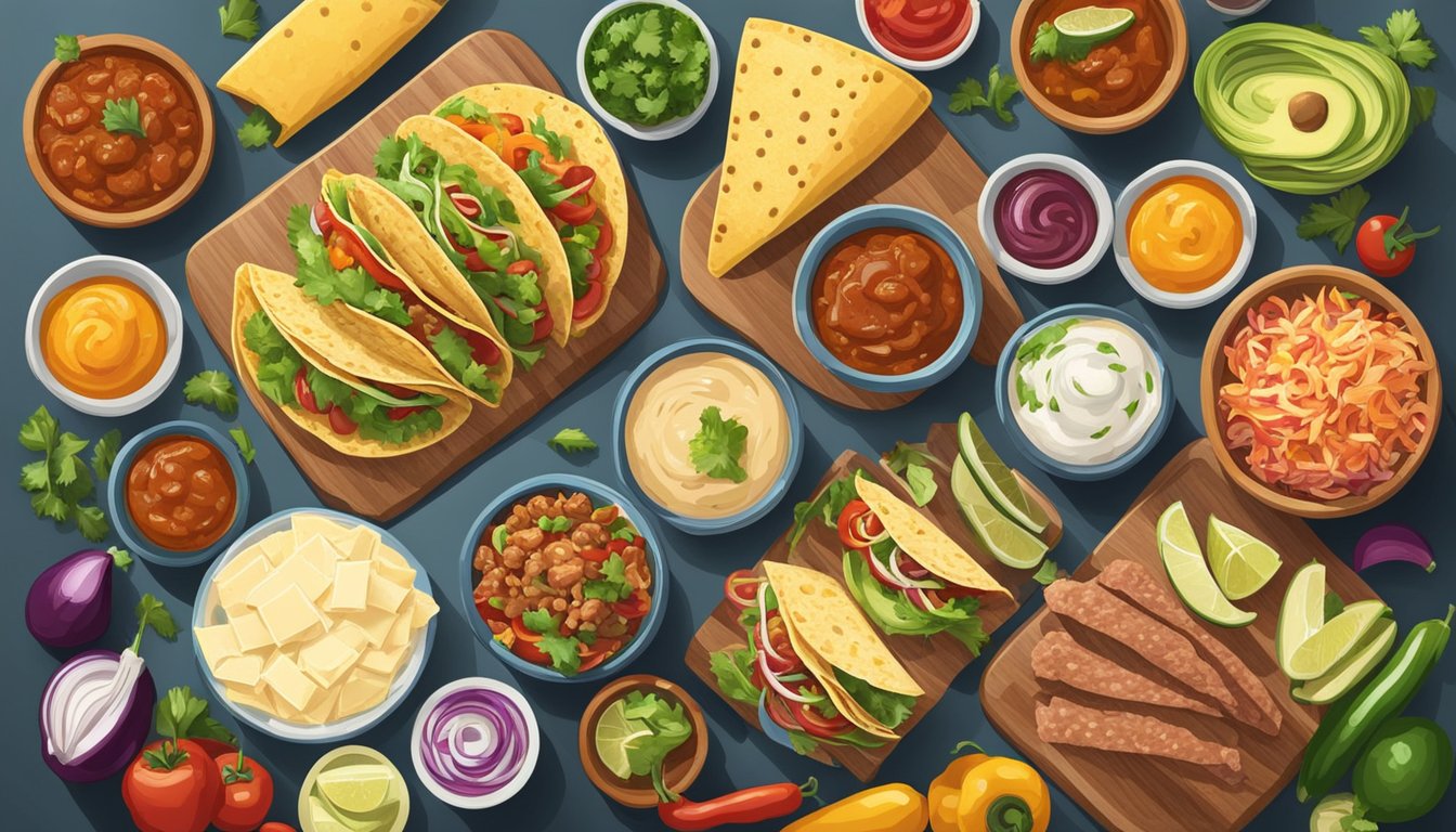 A colorful array of taco ingredients laid out on a kitchen counter, including various meats, cheeses, vegetables, and sauces