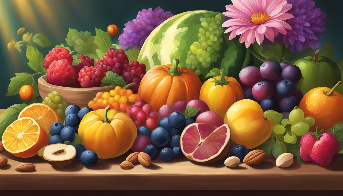 A vibrant array of colorful fruits, vegetables, and nuts arranged on a table, surrounded by blooming flowers and a warm, inviting glow