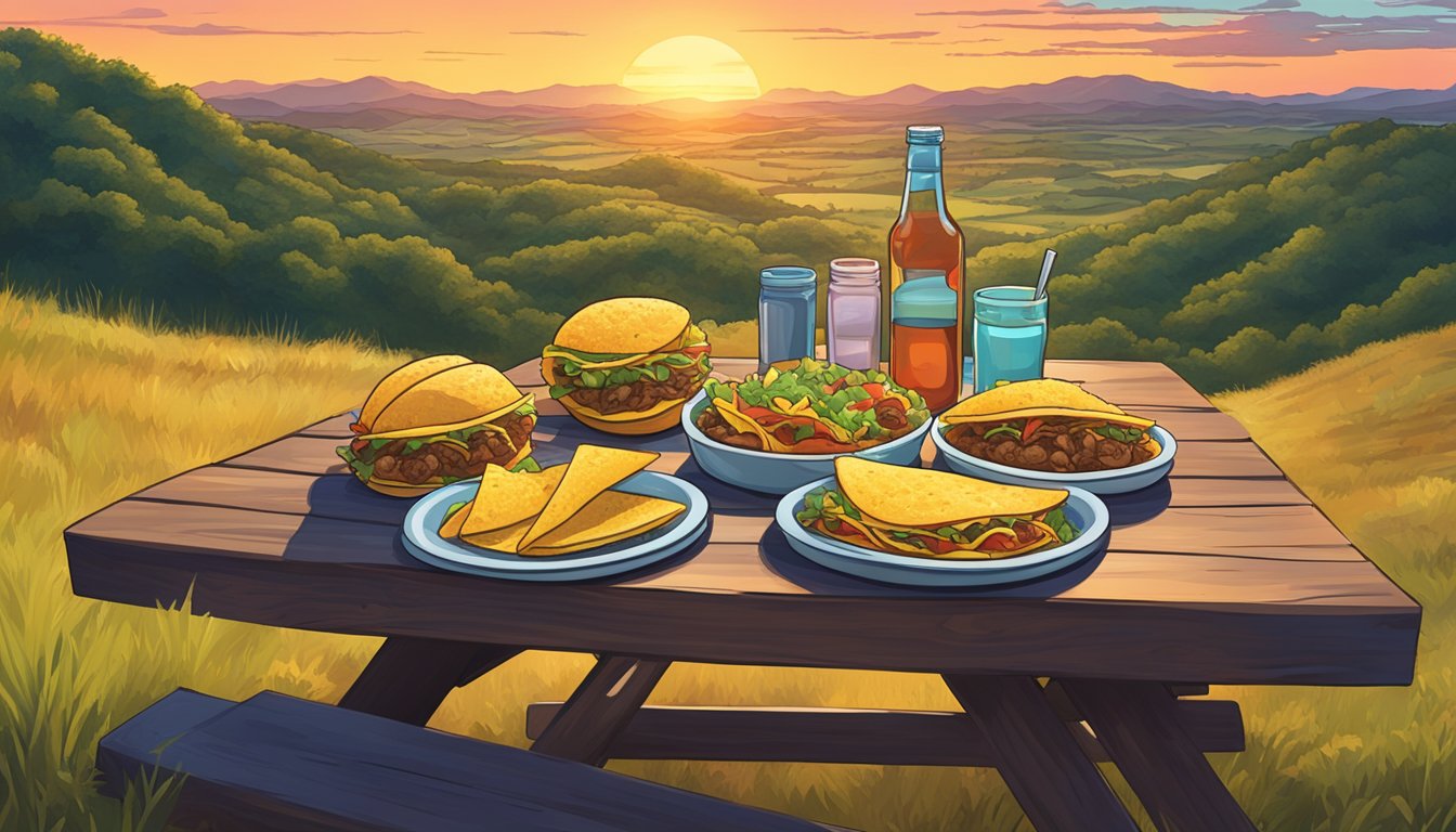 A rustic picnic table set against a backdrop of rolling hills and a vibrant Texas sunset, with a plate of mouthwatering tacos in the foreground