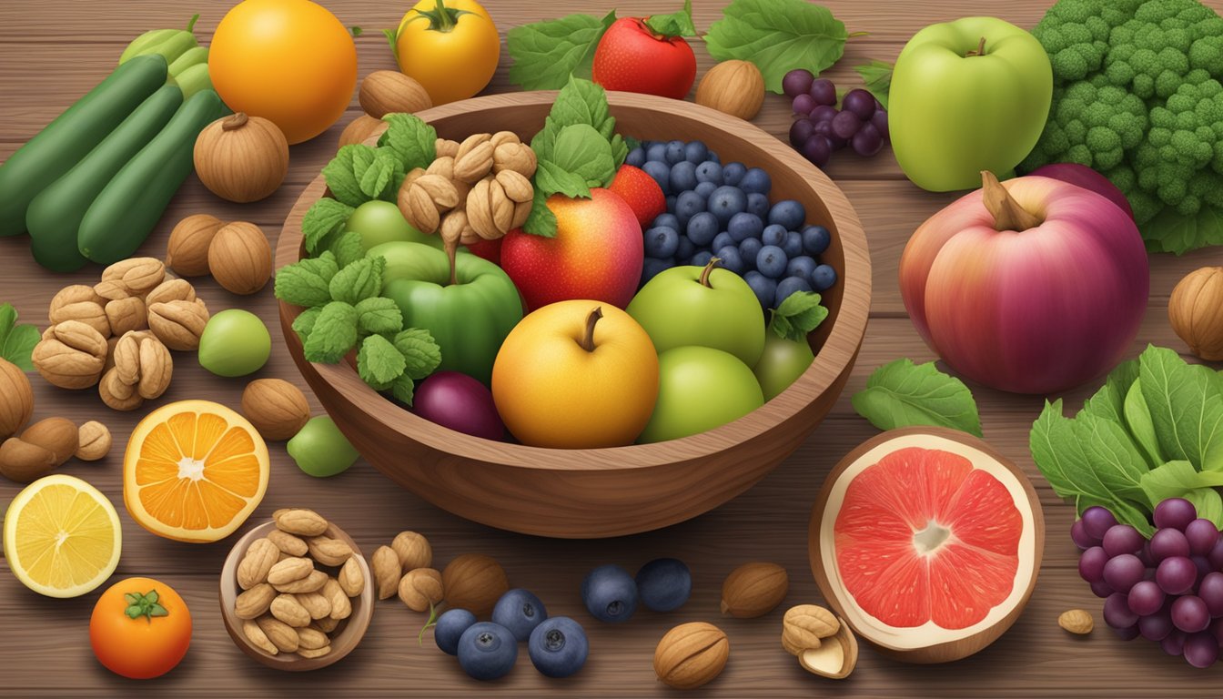 A bowl of walnuts surrounded by colorful fruits and vegetables on a wooden table