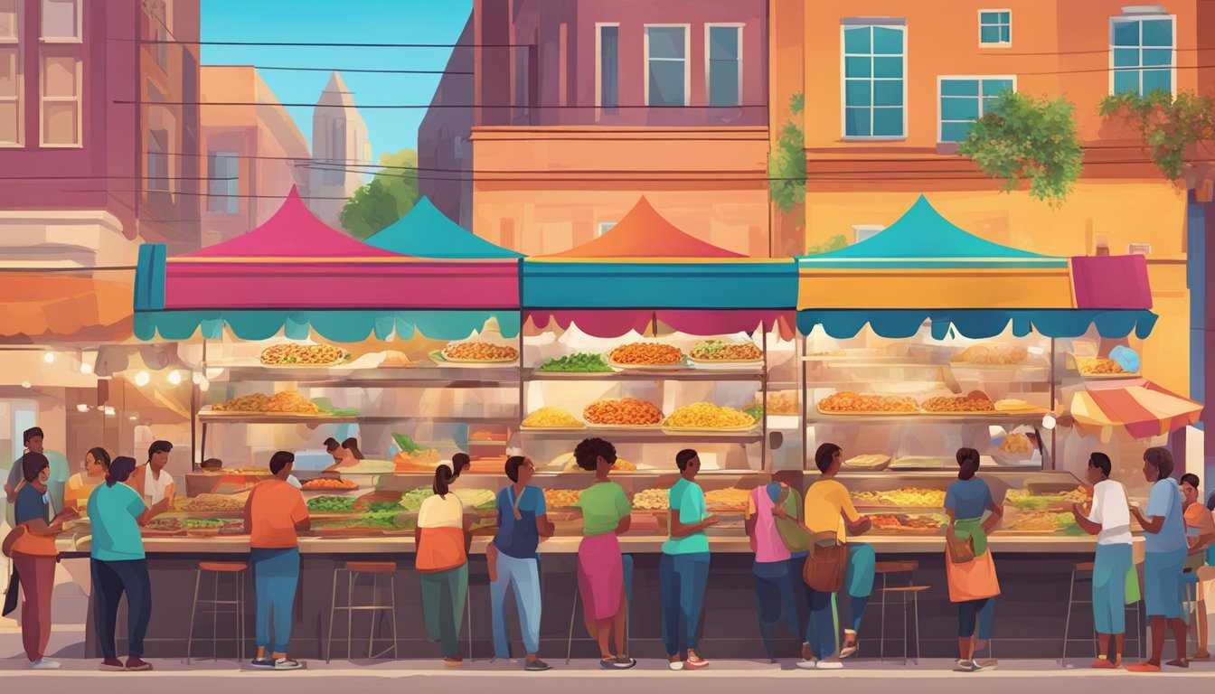 A vibrant street food market with a variety of taco vendors, each with colorful and creative toppings and fillings, attracting a diverse crowd of customers