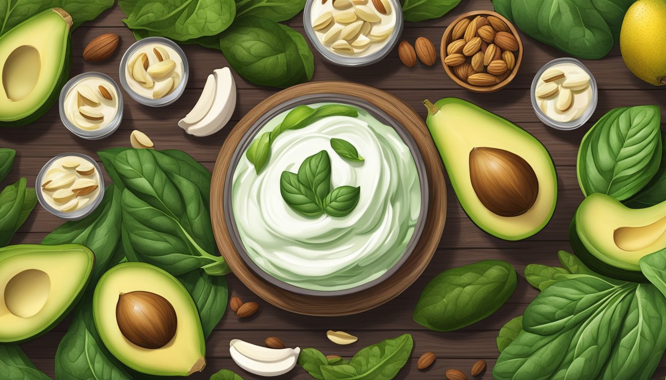 A colorful array of fresh spinach, ripe bananas, creamy yogurt, and ripe avocados laid out on a wooden cutting board, surrounded by a variety of nuts and seeds