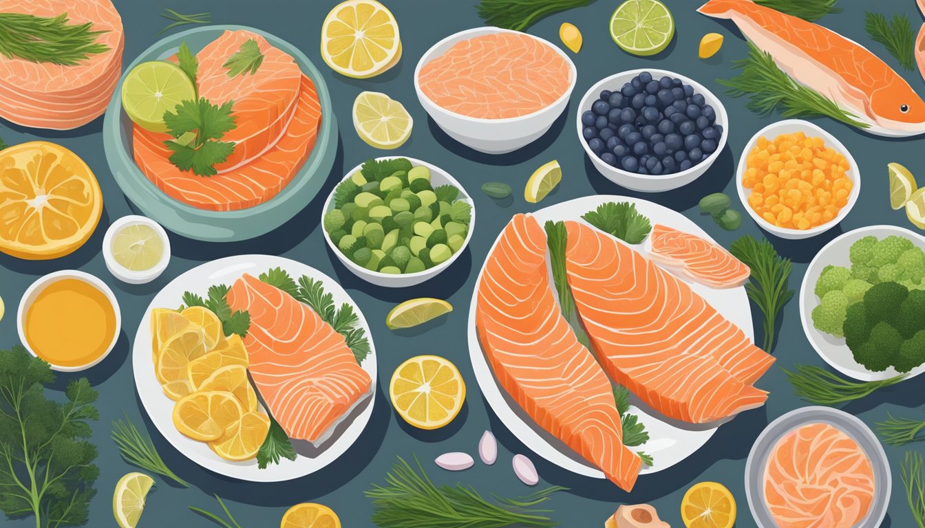 A colorful array of salmon and fertility-boosting foods arranged on a table