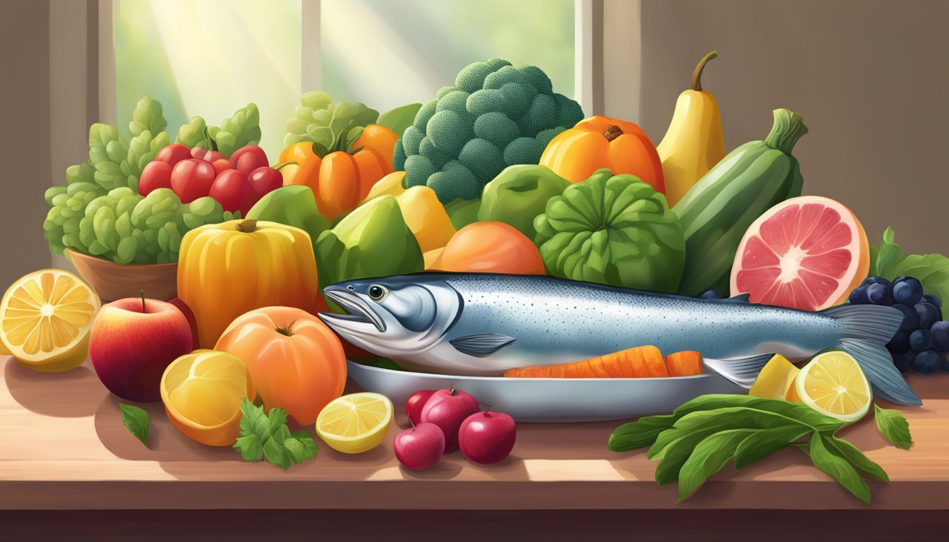 A variety of colorful fruits and vegetables, including salmon, arranged on a table with a soft, natural light shining down