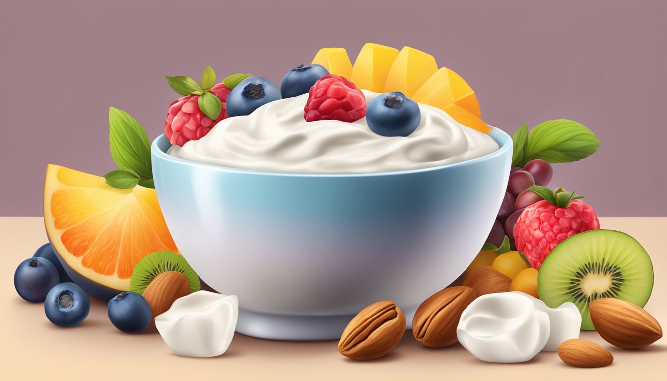 A bowl of Greek yogurt surrounded by colorful fruits and nuts, with a soft glow highlighting its creamy texture