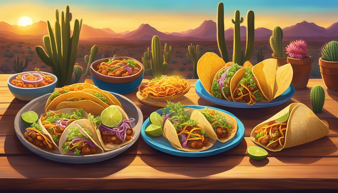 A rustic wooden table adorned with an array of colorful tacos, surrounded by cacti and desert flora, as the warm glow of a Texas sunset bathes the scene in golden light