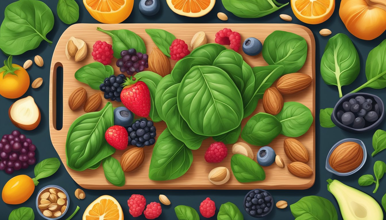 A vibrant assortment of fresh spinach, berries, and nuts arranged on a wooden cutting board, surrounded by colorful fertility-boosting foods