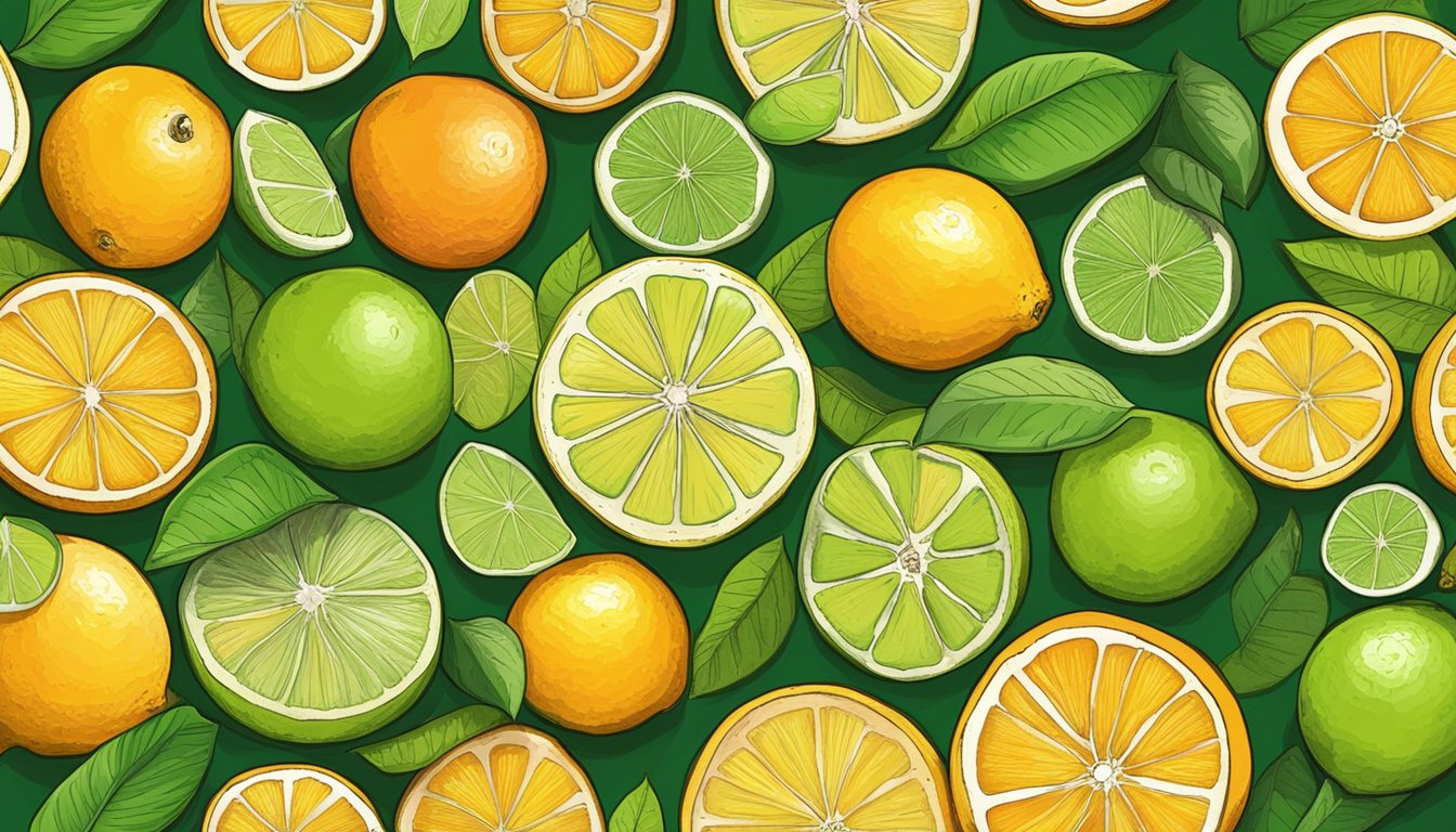 A colorful array of citrus fruits, including oranges, lemons, and limes, arranged on a rustic wooden table with a backdrop of vibrant green leaves