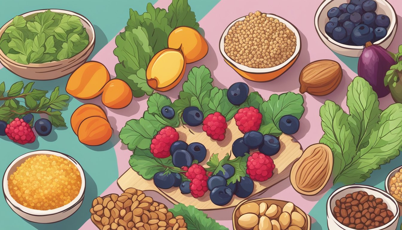 A colorful array of fertility-boosting foods like quinoa, berries, nuts, and leafy greens arranged on a table, with a soft light shining down on them