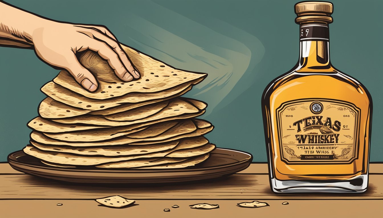 A hand reaching for a stack of tortillas next to a bottle of Texas whiskey