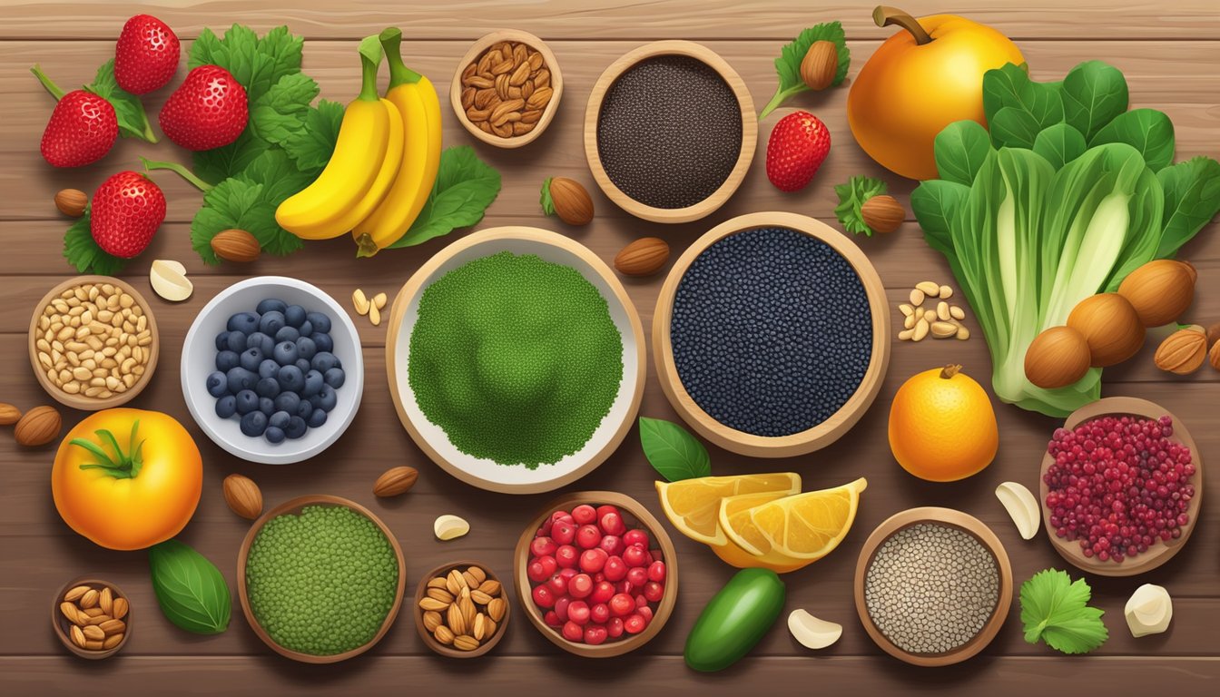 A colorful array of chia seeds, berries, and nuts arranged on a wooden table, surrounded by vibrant fruits and vegetables