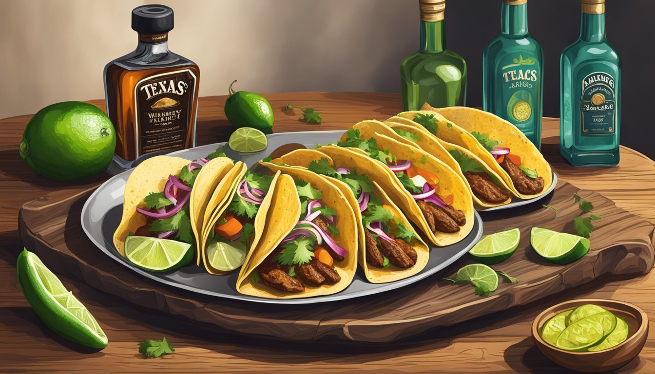 A rustic wooden table with a platter of assorted tacos and a bottle of Texas whiskey. Sliced limes, jalapenos, and cilantro garnish the tacos