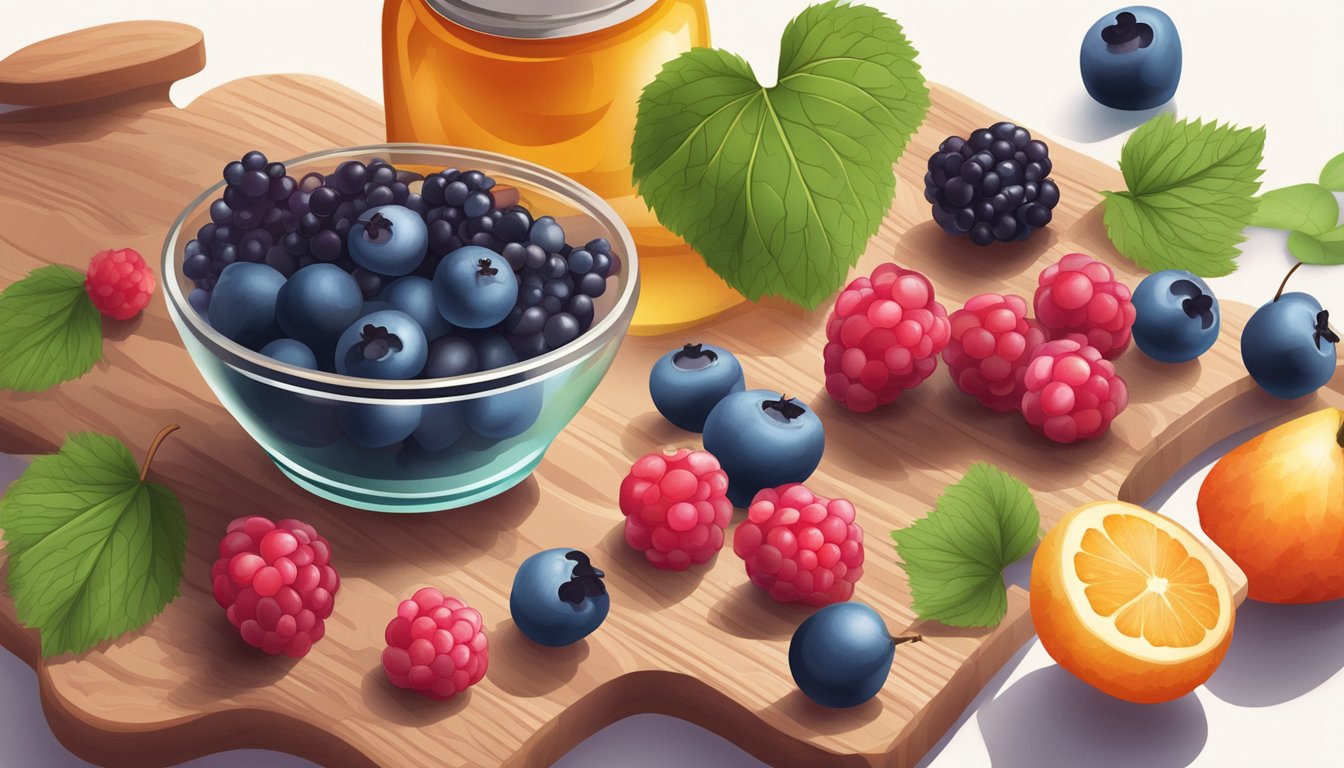 A variety of colorful berries arranged on a wooden cutting board with a few scattered leaves and a small jar of collagen powder