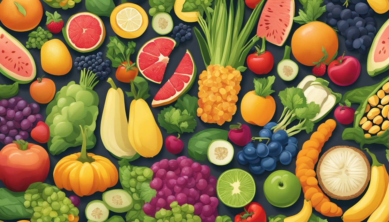 A colorful array of fruits, vegetables, and grains arranged in a vibrant and appetizing display, with a focus on foods known to boost fertility and promote healthy ovulation