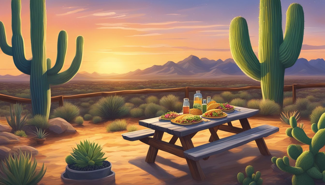 A rustic picnic table set with a variety of colorful tacos, surrounded by cacti and mesquite trees, overlooking a vast Texas landscape as the sun sets in the distance