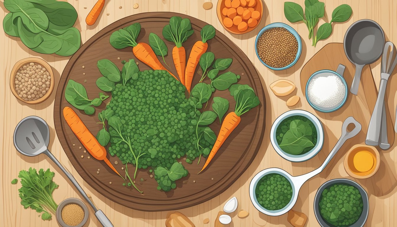 A colorful array of lentils, carrots, and spinach arranged on a wooden cutting board, surrounded by various cooking utensils and a cookbook open to a fertility-boosting recipe