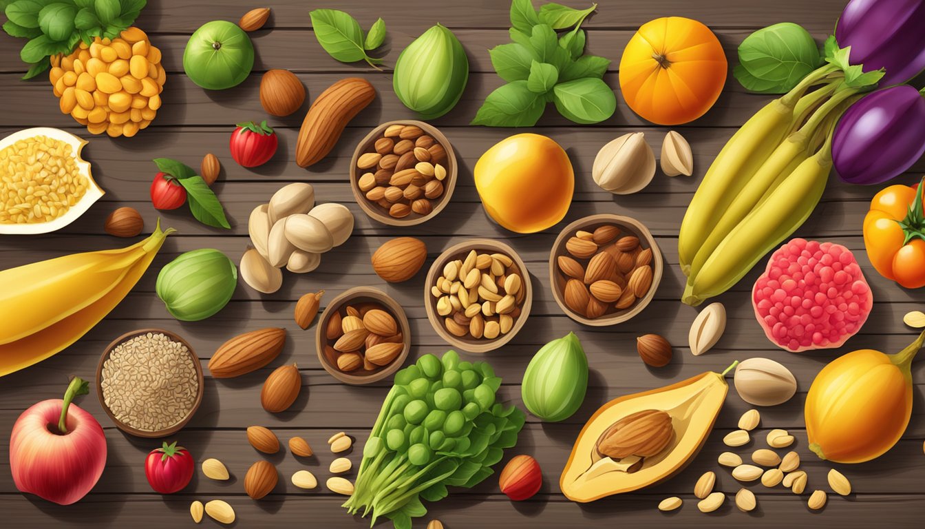 A variety of nuts and seeds scattered on a wooden table, surrounded by vibrant fruits and vegetables