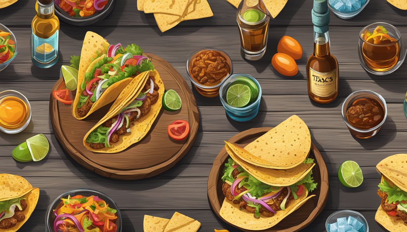 A rustic wooden table adorned with an array of colorful tacos, accompanied by a bottle of Texas whiskey and a glass filled with ice