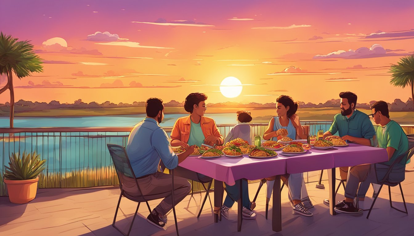 A table set with delicious tacos against a backdrop of a colorful Texas sunset, with people enjoying the food and the view